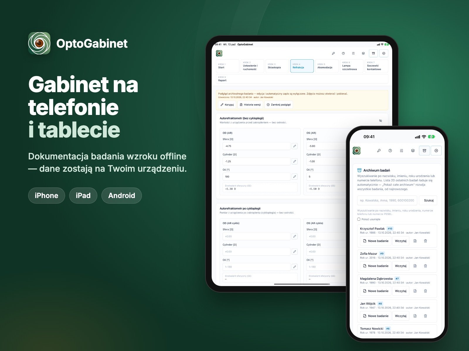 OptoGabinet na iPadzie (krok Refrakcja) i iPhonie (Archiwum badań)